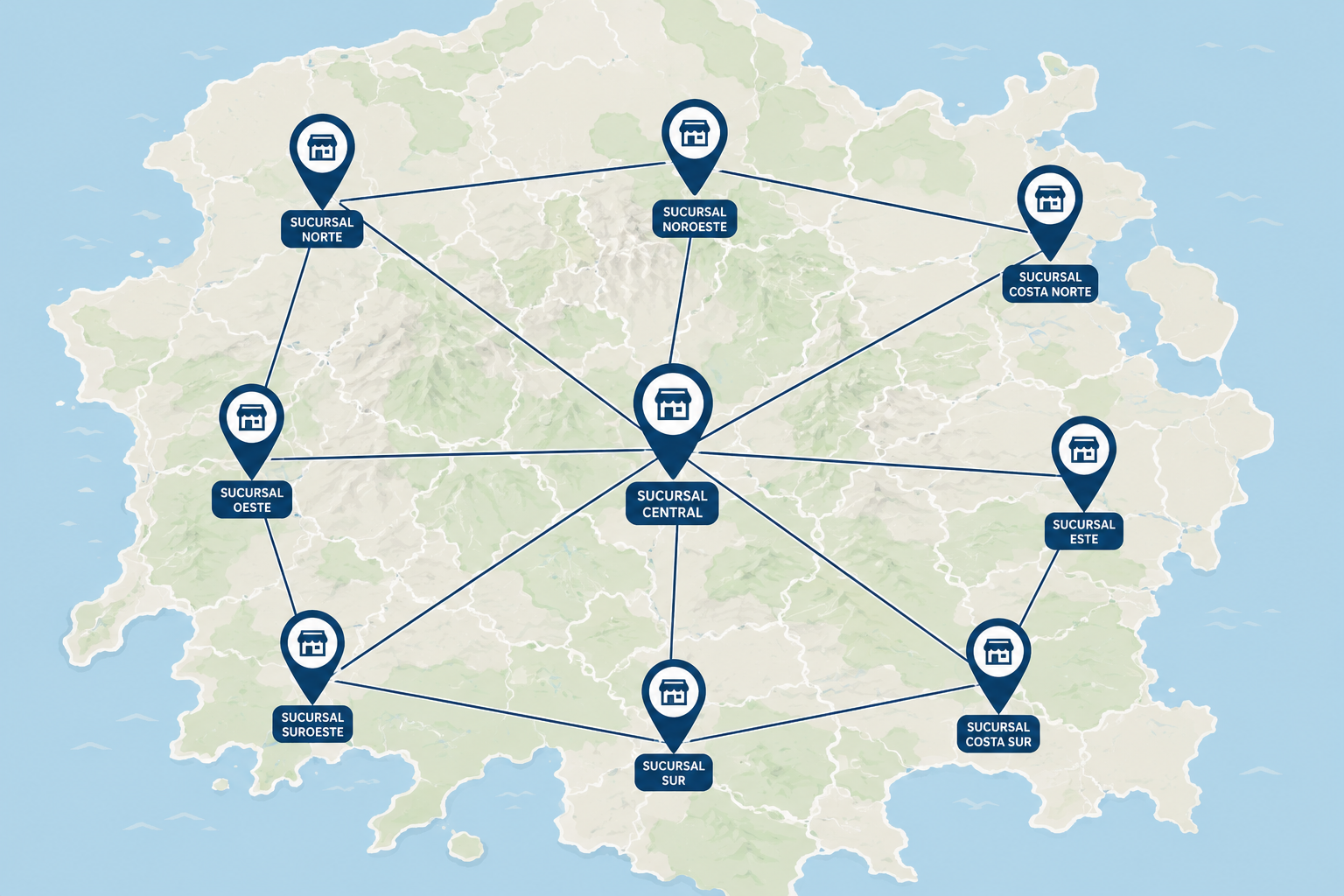 Sucursales conectadas en un mapa